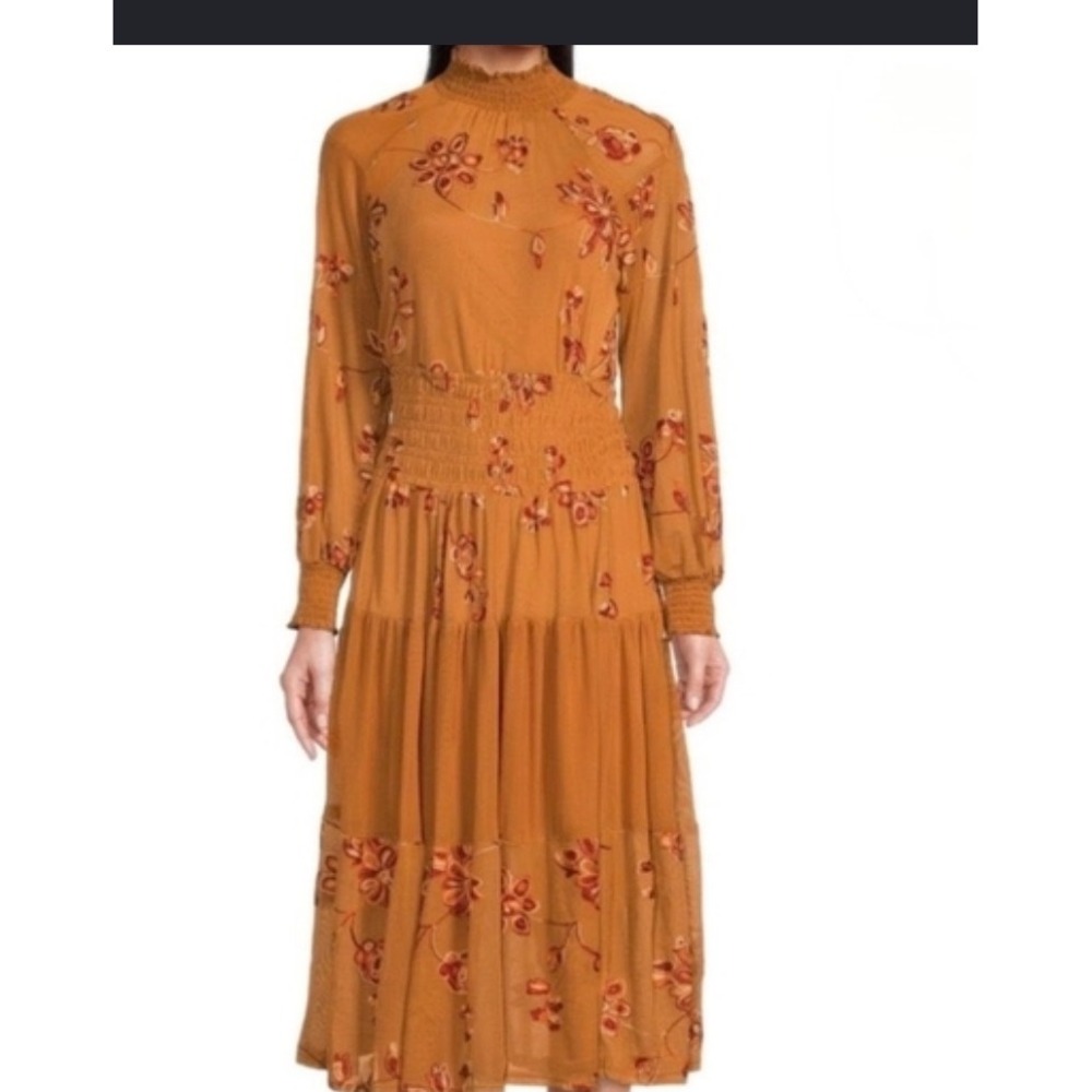 Anthropologie Fig & Flower Mustard orange Floral Embroidered Smocked Midi Dress